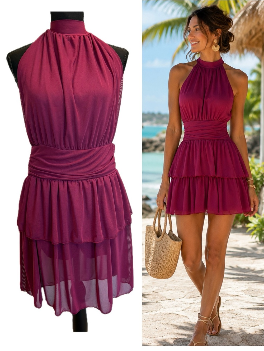 Berry Magenta Halter Mini Dress Ruched Waist Tiered Chiffon Open Back Size L